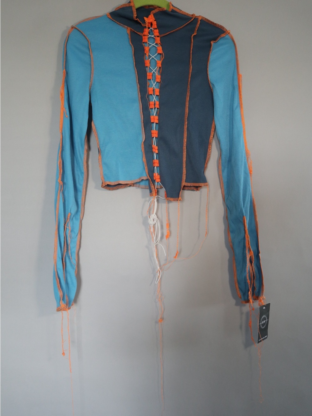 Patchwork Lace-Up Crop Top in Blue and Teal with Orange Trim